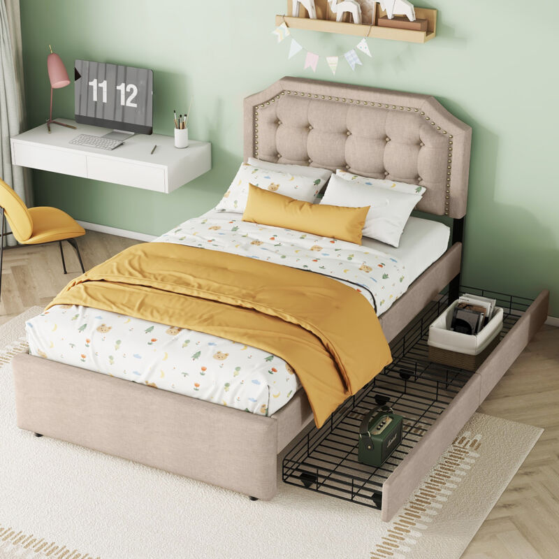 foto del prodotto letto con cassetti letto imbottito 90 x 200 cm, comodino imbottito con rivetti decorativi, beige scuro