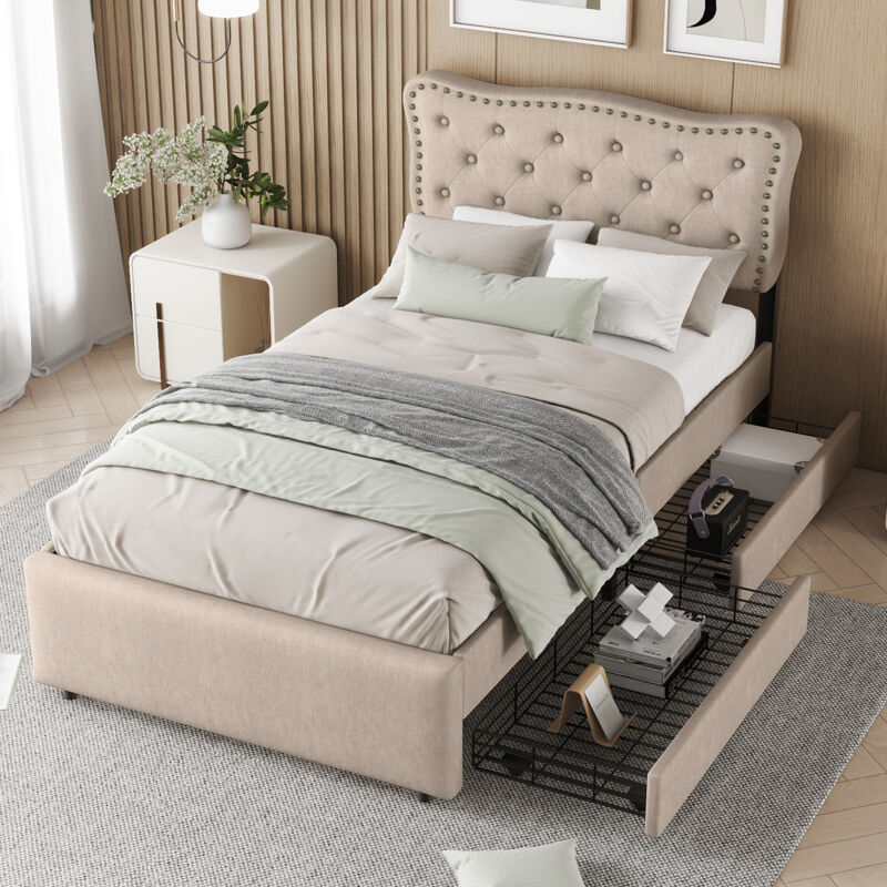 foto del prodotto letto con cassetti letto imbottito 90 x 200 cm, comodino quadrato imbottito con rivetti decorativi, beige scuro