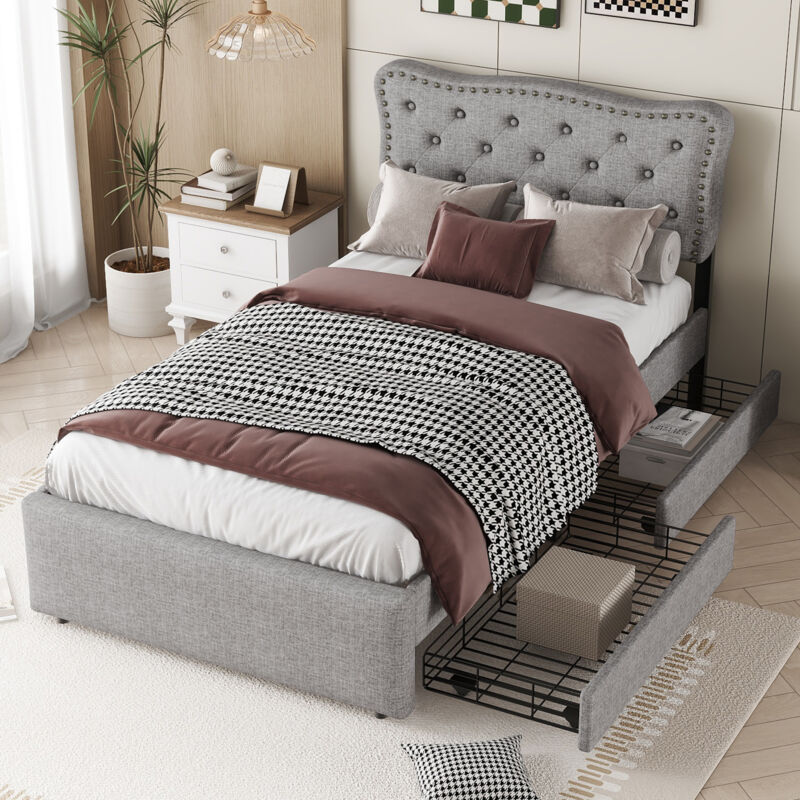 foto del prodotto letto con cassetti letto imbottito 90 x 200 cm, comodino quadrato imbottito con rivetti decorativi, grigio