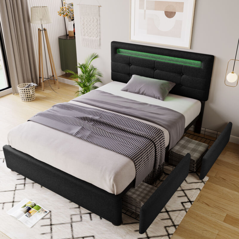 foto del prodotto letto con cassetti letto imbottito. led e 2 cassetti. dimensioni 90 x 200 cm. testiera regolabile. nero. senza materasso
