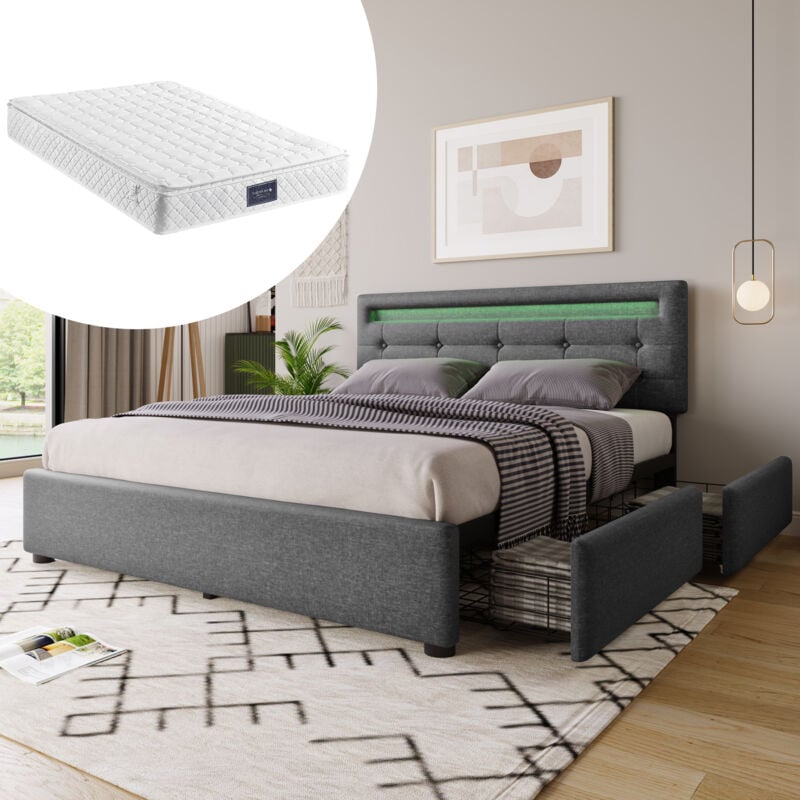 foto del prodotto letto con cassetti letto imbottito. led e 4 cassetti. dimensioni 140 x 200 cm. testiera regolabile. grigio. materasso incluso