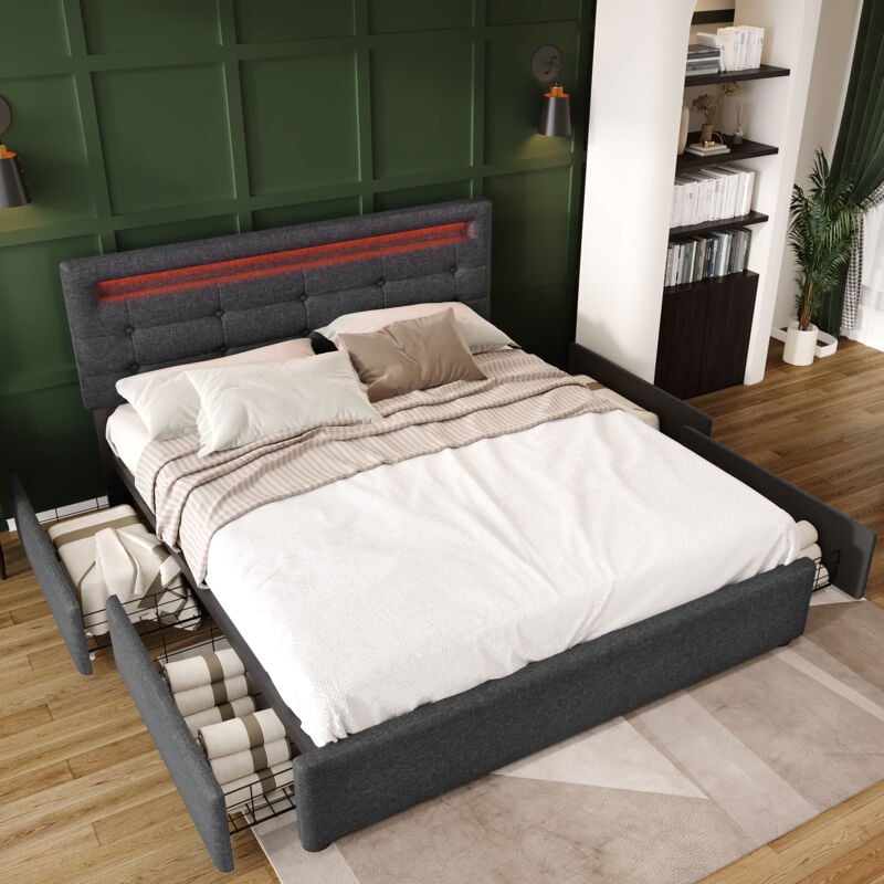 foto del prodotto letto con cassetti letto imbottito. led e 4 cassetti. dimensioni 140 x 200 cm. testiera regolabile. grigio. senza materasso