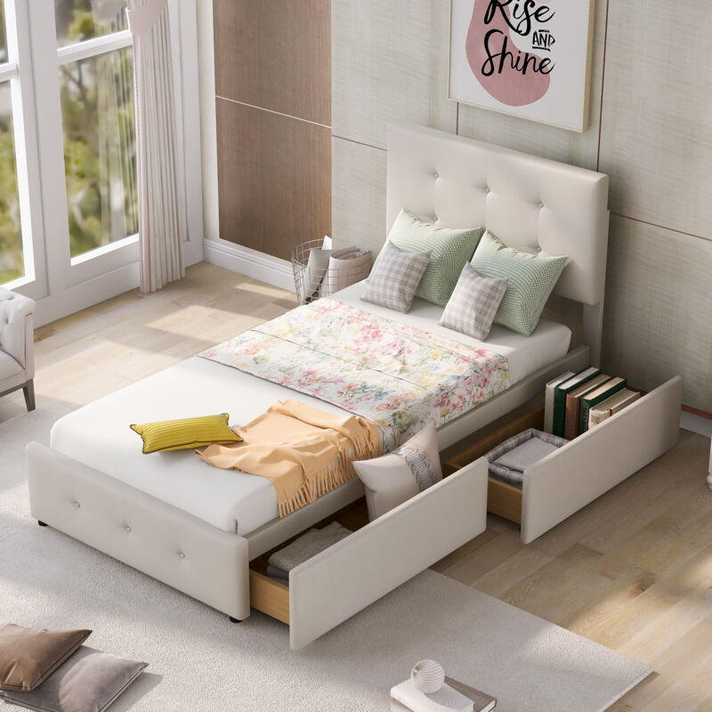 foto del prodotto letto con cassetti letto imbottito per bambini 90 x 200 cm con 2 cassetti in velluto. letto supplementare beige. senza materasso