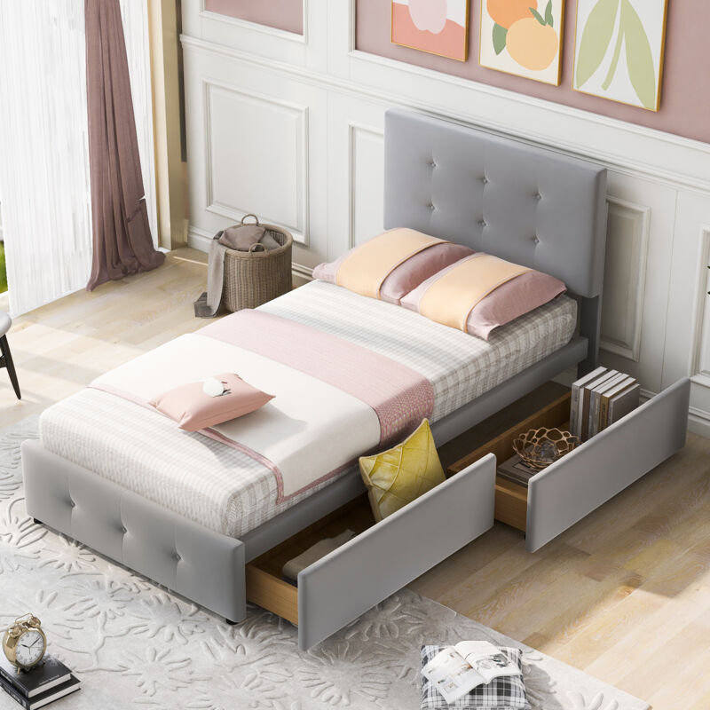 foto del prodotto letto con cassetti letto imbottito per bambini 90 x 200 cm con 2 cassetti in velluto. letto supplementare grigio. senza materasso
