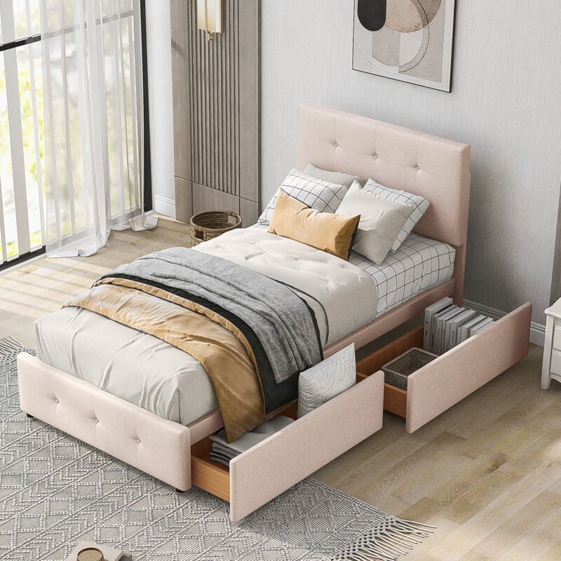 foto del prodotto letto con cassetti letto imbottito per bambini 90 x 200 cm con 2 cassetti in velluto. letto supplementare rosa. senza materasso