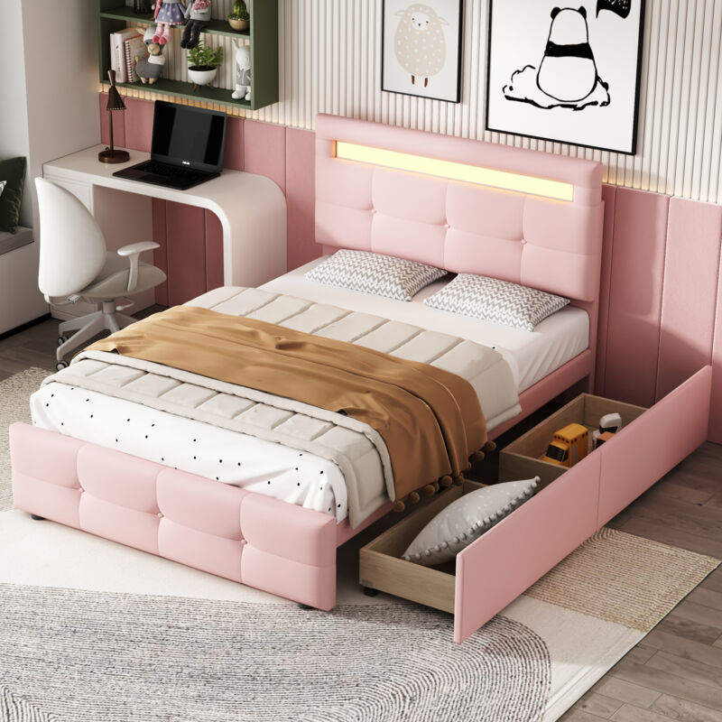 foto del prodotto letto con cassetti letto imbottito per bambini 90 x 200 cm con led e 2 cassetti, lino, rosa