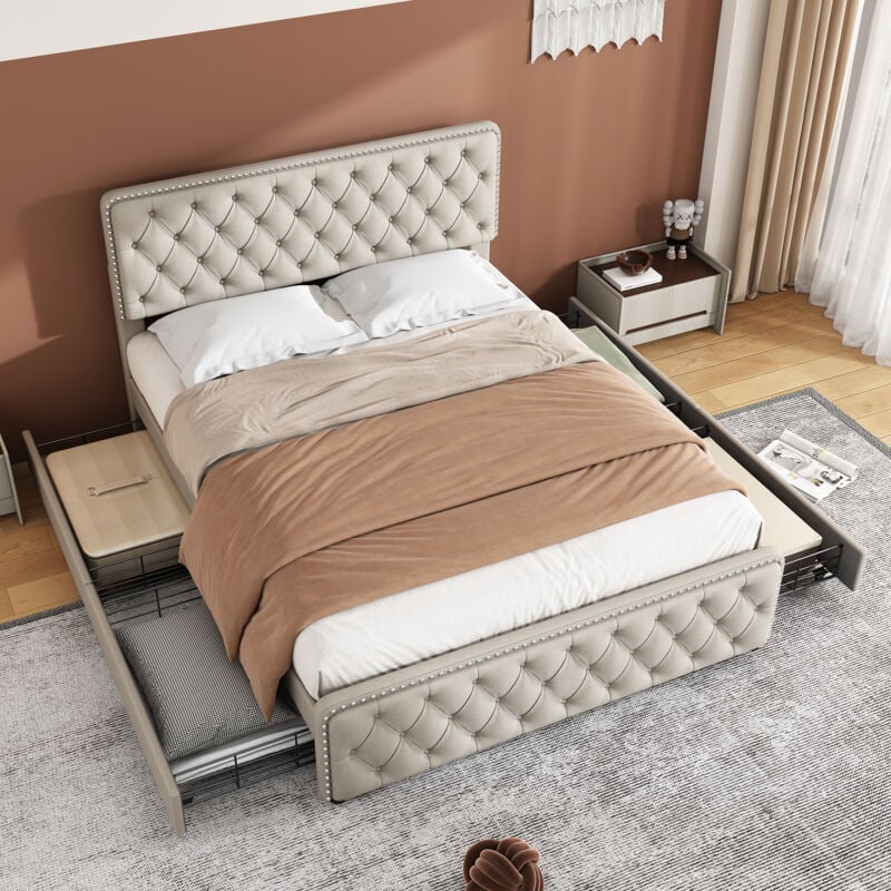 foto del prodotto letto con cassetti letto matrimoniale imbottito 140 x 200 cm con 4 cassetti, testiera regolabile in altezza, lino, beige