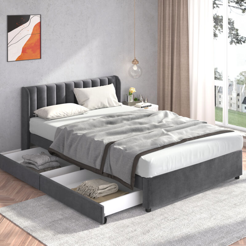 foto del prodotto letto con cassetti letto matrimoniale imbottito per adulti 160 x 200 cm con 2 cassetti, in velluto, grigio
