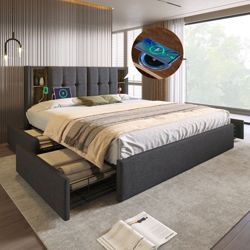 foto del prodotto letto con cassetti letto matrimoniale imbottito per adulti 160 x 200 cm con ricarica wireless usb c e 4 cassetti, rete a doghe in lino di legno,