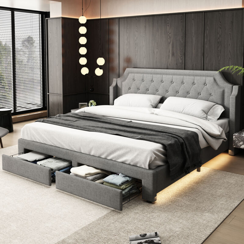 foto del prodotto letto con cassetti letto matrimoniale letto per adulti 180 x 200 cm con 2 cassetti e led, in lino, grigio, senza materasso