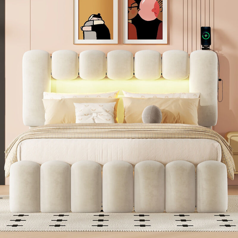 foto del prodotto letto con cassetti letto matrimoniale per adulti 140 x 200 con 4 cassetti. led con usb e stereo. in pelle beige