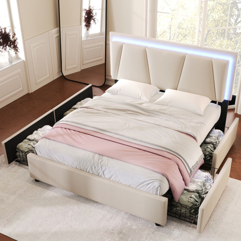 foto del prodotto letto con cassetti letto per adulti 140 x 200 cm con illuminazione a led e 4 cassetti. beige. senza materasso