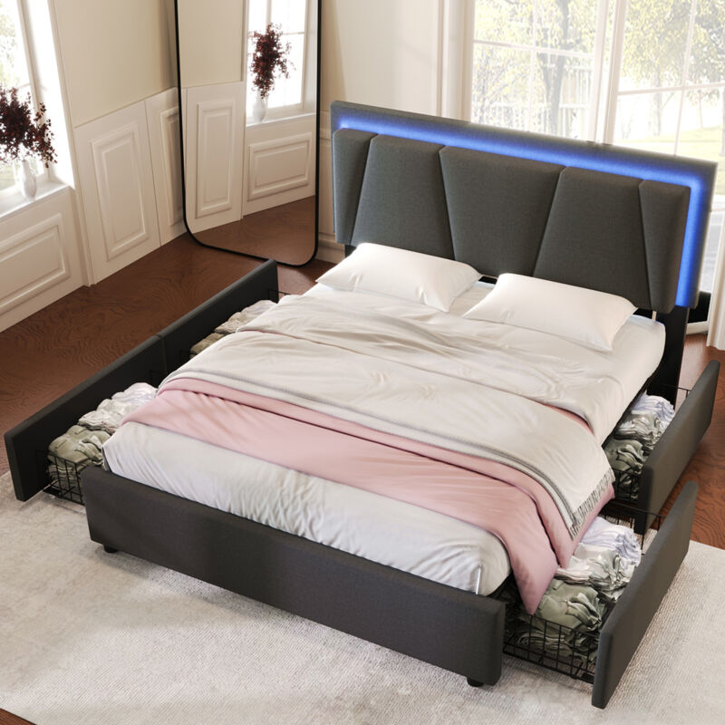 foto del prodotto letto con cassetti letto per adulti 140 x 200 cm con illuminazione a led e 4 cassetti. grigio. senza materasso