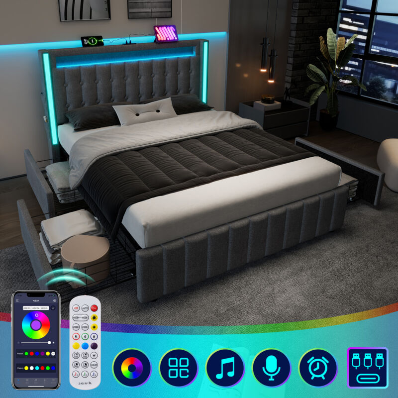 foto del prodotto letto con cassetti letto per adulti letto matrimoniale 140 x 200 cm con funzione di ricarica usb type c, led e 4 cassetti, grigio, senza materasso
