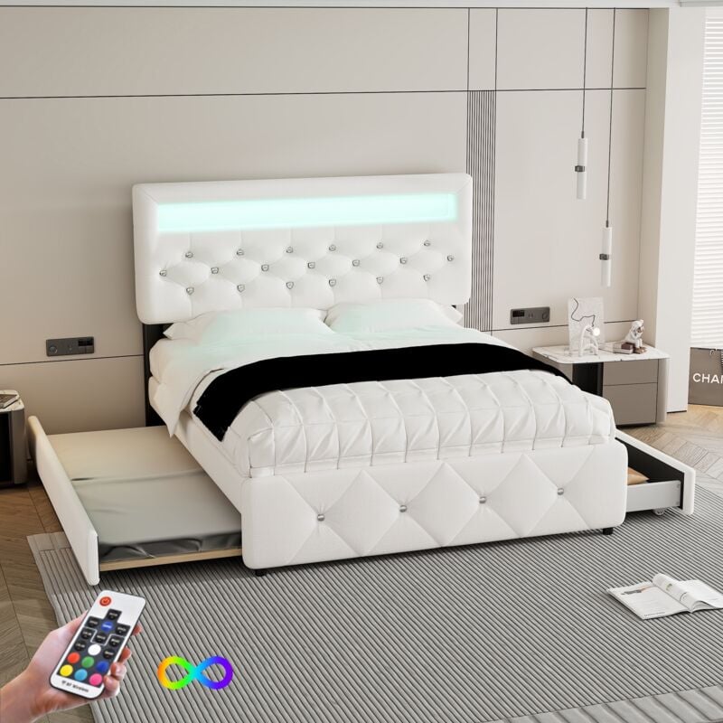 foto del prodotto letto con cassetti letto per adulti letto matrimoniale 140 x 200 cm con letto estraibile 90 x 200 cm e 2 cassetti, beige