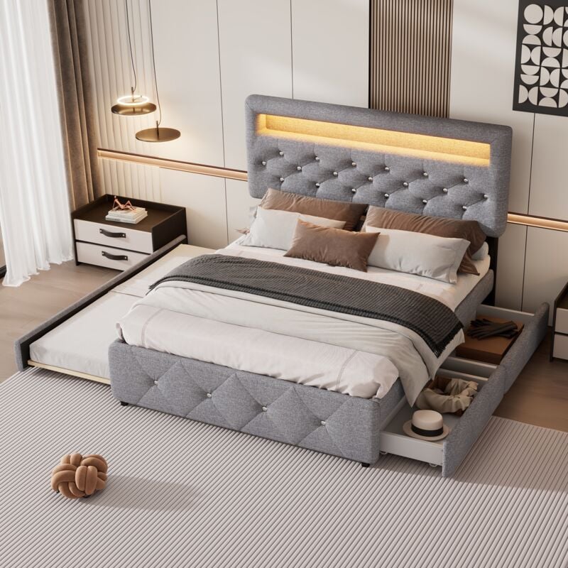 foto del prodotto letto con cassetti letto per adulti letto matrimoniale 140 x 200 cm con letto estraibile 90 x 200 cm e 2 cassetti, grigio