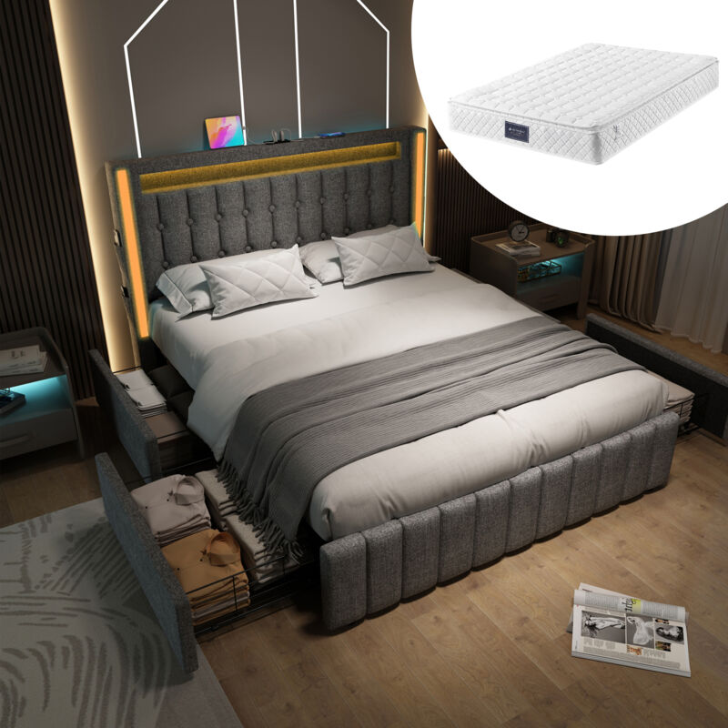foto del prodotto letto con cassetti letto per adulti letto matrimoniale 160 x 200 cm con funzione di ricarica usb type c, led e 4 cassetti, grigio, materasso incluso