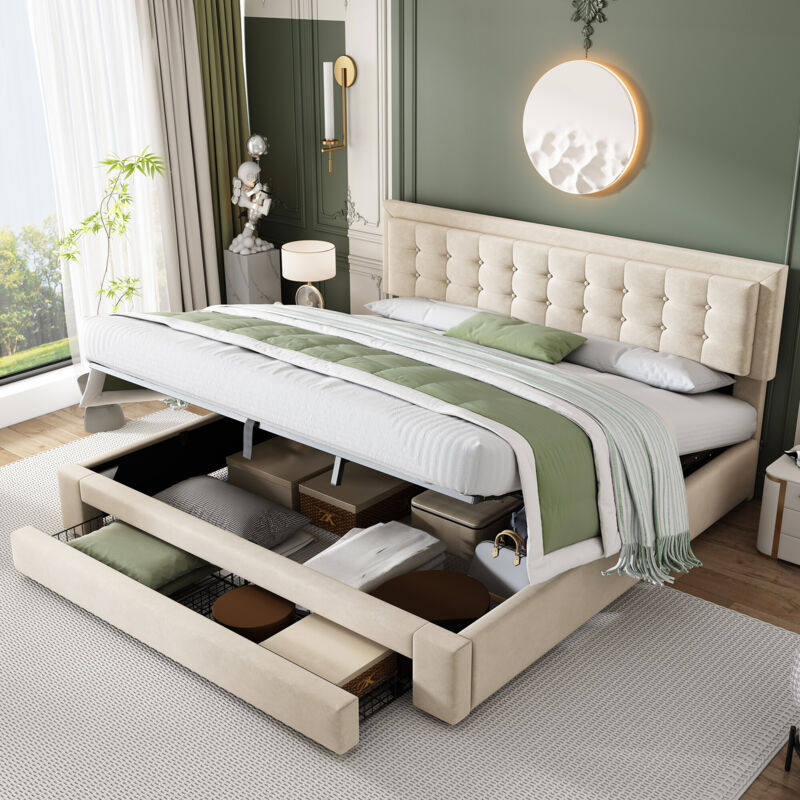 foto del prodotto letto con cassettiera e cassettiera, tessuto in velluto, letto imbottito, rete a doghe, letto matrimoniale, ampio contenitore, 160 x 200, beige