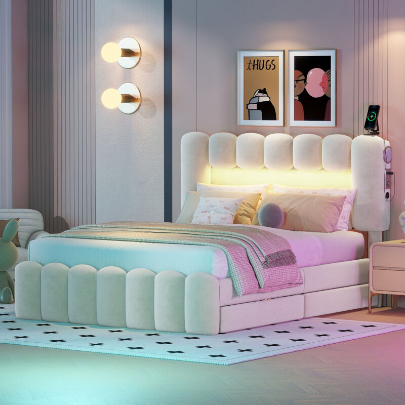 foto del prodotto letto con cassettiera letto matrimoniale imbottito 140 x 200 con 4 cassetti. led con usb e stereo. in pelle beige