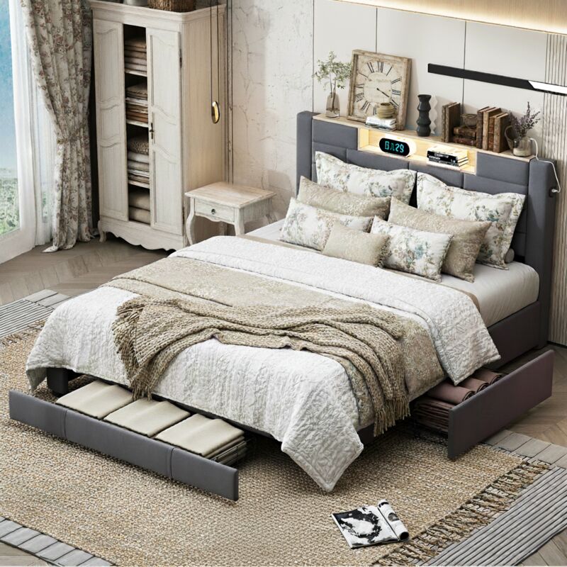 foto del prodotto letto con cassetto 160x200cm, tessuto velluto, letto matrimoniale con 3 cassetti, funzione di ricarica usb tipo c, testiera con pannelli