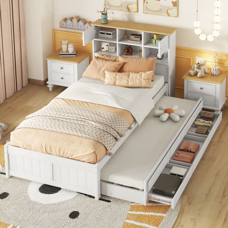foto del prodotto letto con cassetto singolo piatto 90 x 200 cm con letto estraibile e 3 cassetti, 6 vani portaoggetti nella testiera del letto, bianco