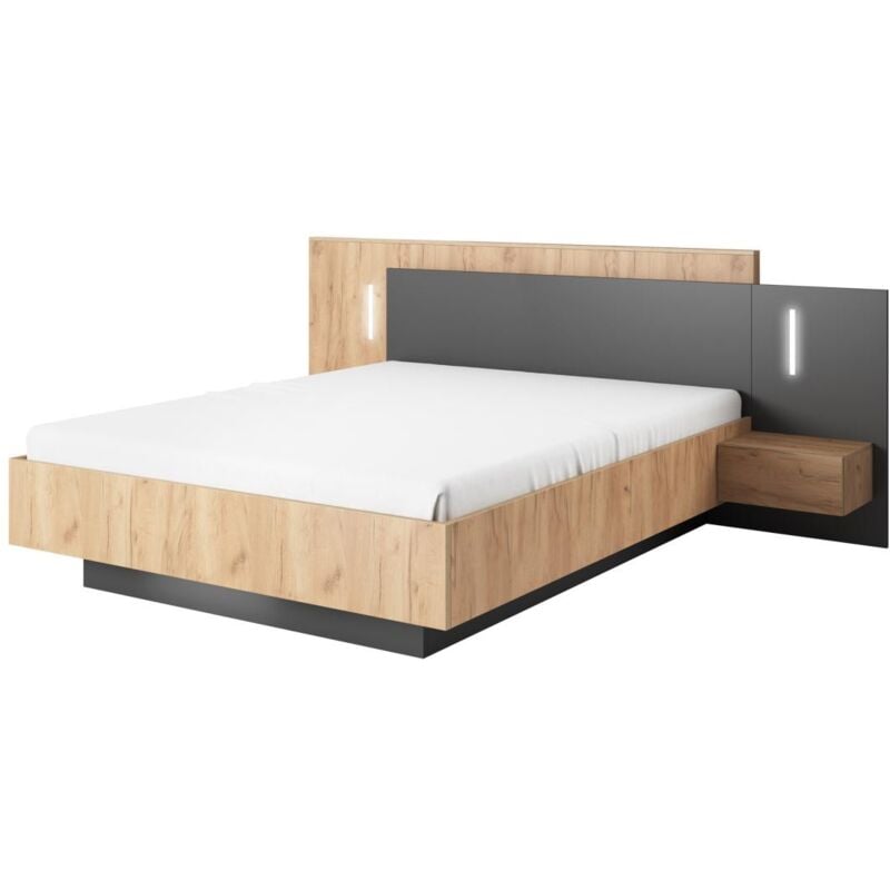 foto del prodotto letto con comodini 140 x 190 cm 2 cassetti con led naturale e antracite francoli