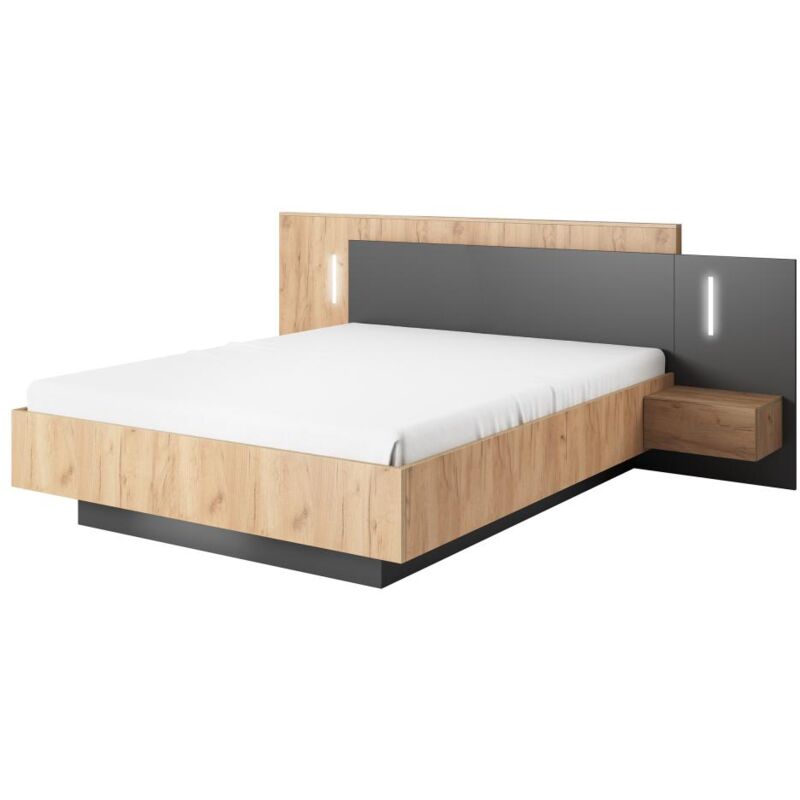 foto del prodotto letto con comodini 160 x 200 cm 2 cassetti con led naturale e antracite francoli