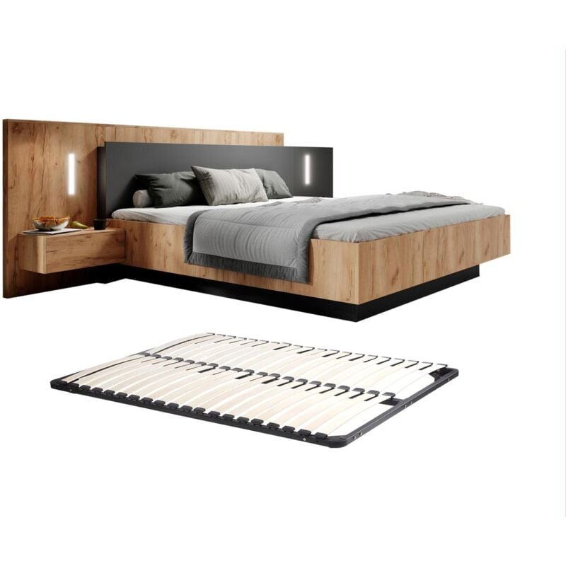 foto del prodotto letto con comodini 160 x 200 cm 2 cassetti con led naturale e antracite rete francoli