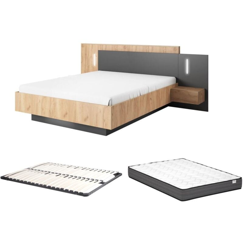 foto del prodotto letto con comodini 160 x 200 cm 2 cassetti con led naturale e antracite rete materasso francoli