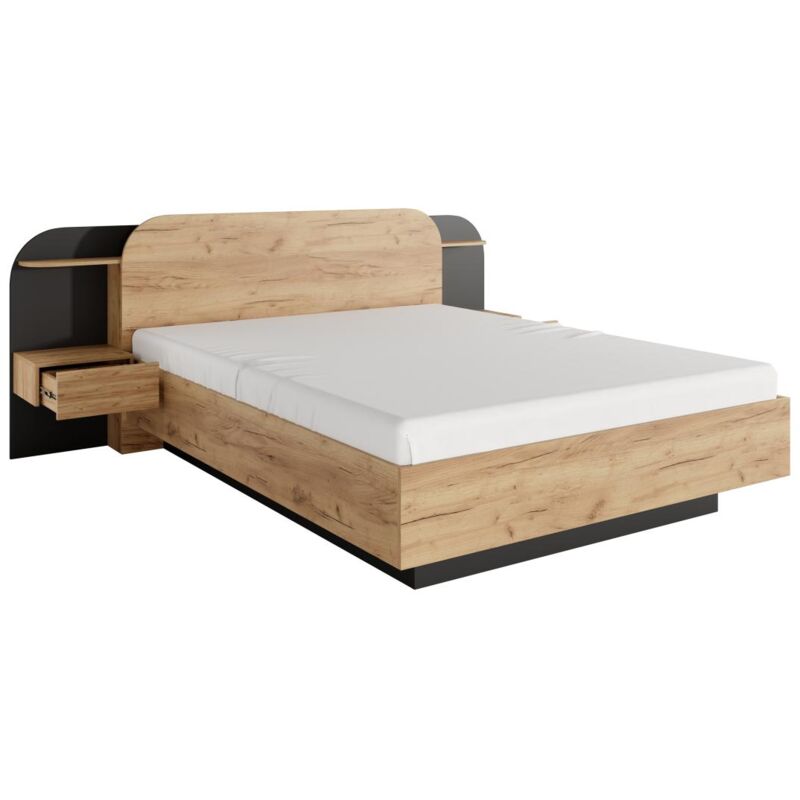 foto del prodotto letto con comodini 160 x 200 cm con led naturale e nero juvisia