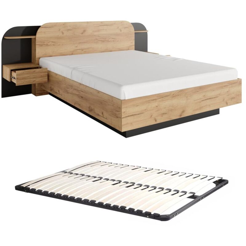 foto del prodotto letto con comodini 160 x 200 cm con led naturale e nero rete juvisia