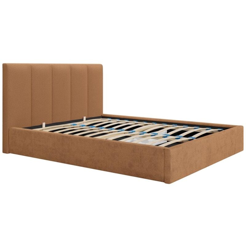 foto del prodotto letto con contenitore 160 x 200 cm con testata letto impunture verticali tessuto terracotta kilaclo