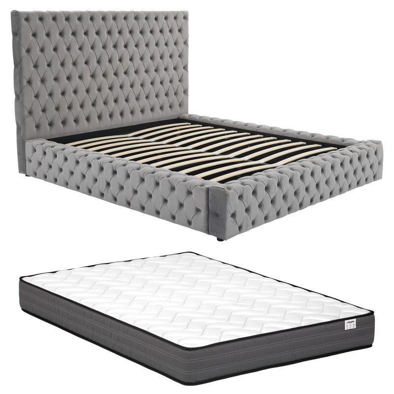 foto del prodotto letto con contenitore chesterfield 180 x 200 cm velluto grigio materasso duleni