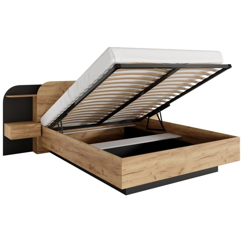 foto del prodotto letto con contenitore con comodini 160 x 200 cm con led naturale e nero juvisia