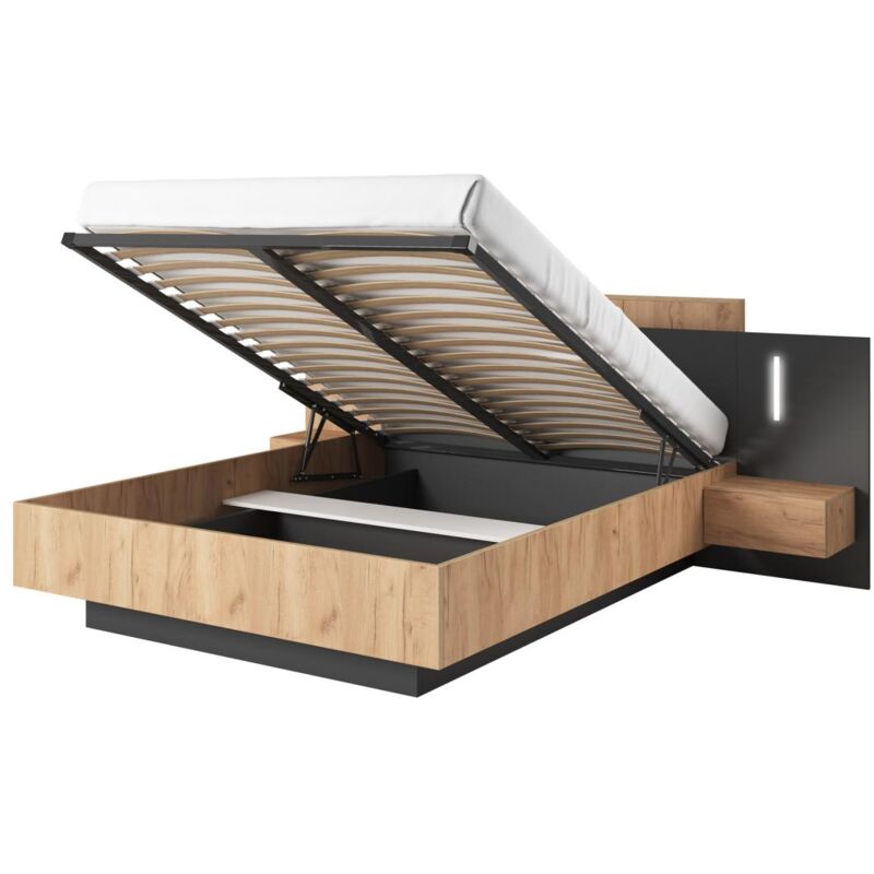 foto del prodotto letto con contenitore con comodini 2 cassetti con led 140 x 190 cm naturale e antracite francoli