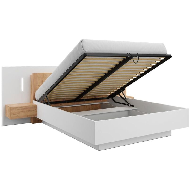 foto del prodotto letto con contenitore con comodini 2 cassetti con led 160 x 200 cm bianco e naturale francoli