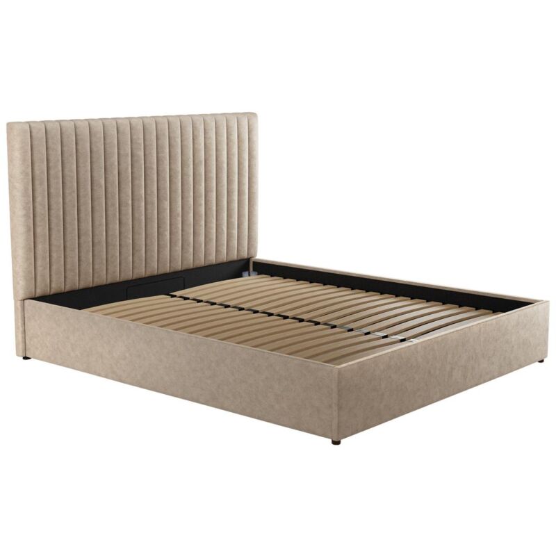 foto del prodotto letto con contenitore con testiera letto cuciture verticali 140 x 190 cm tessuto beige sarah