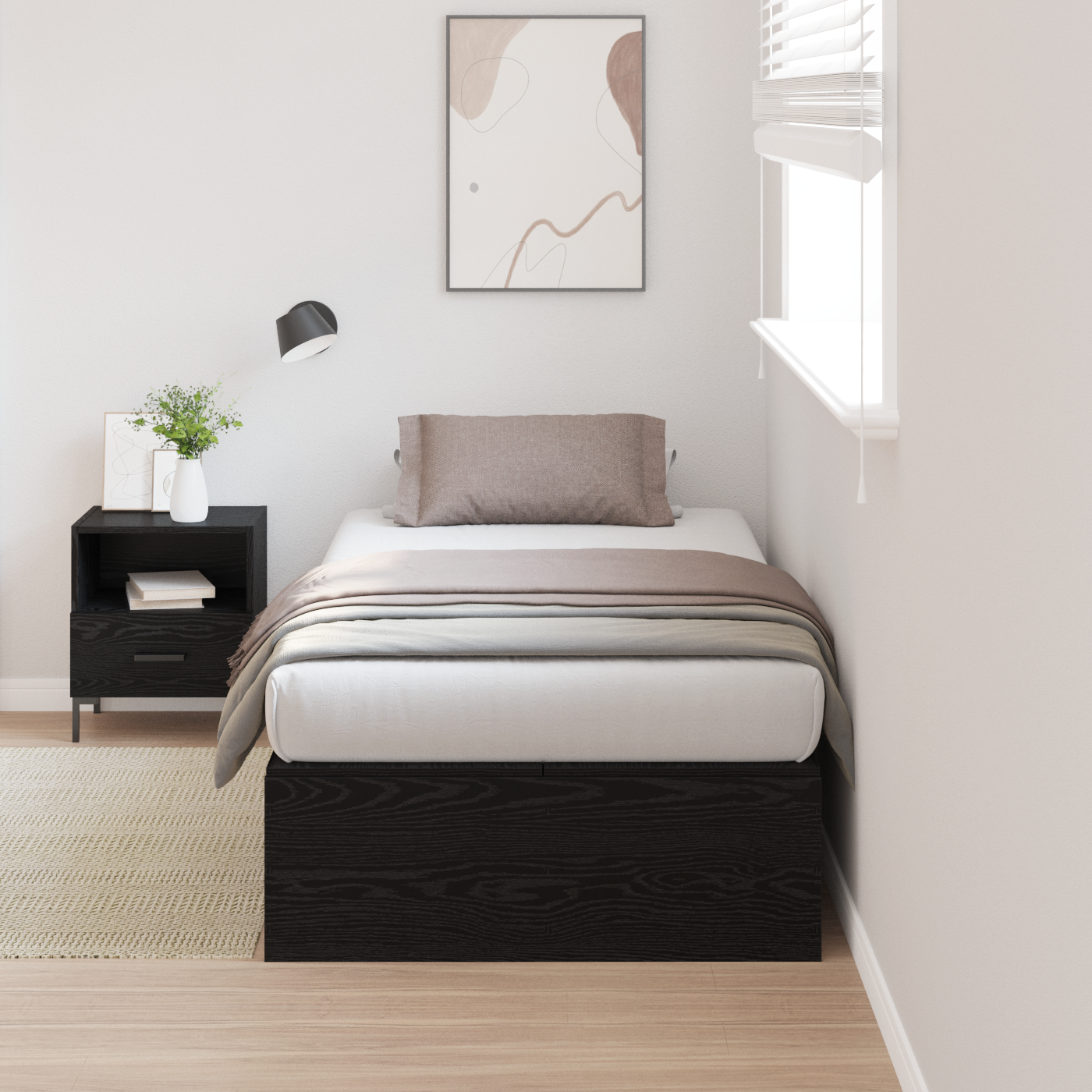 foto del prodotto letto con contenitore nero rovere 80x200 cm