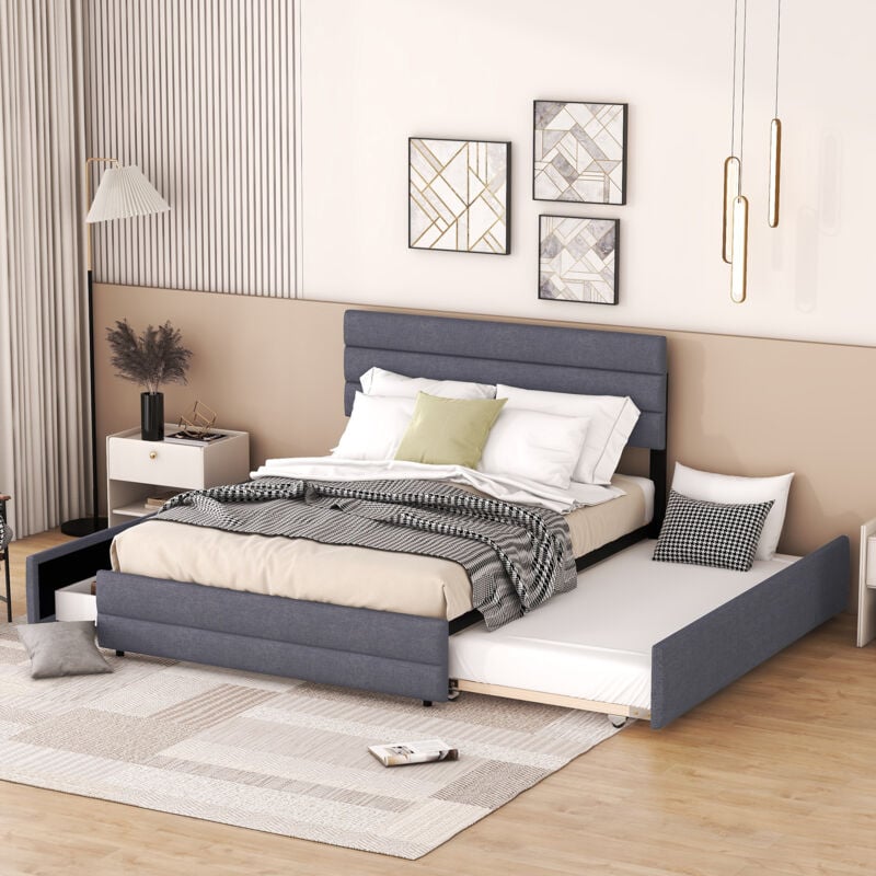 foto del prodotto letto con piattaforma 140 x 200 con broccia per due persone e due cassetti, grigio okwish
