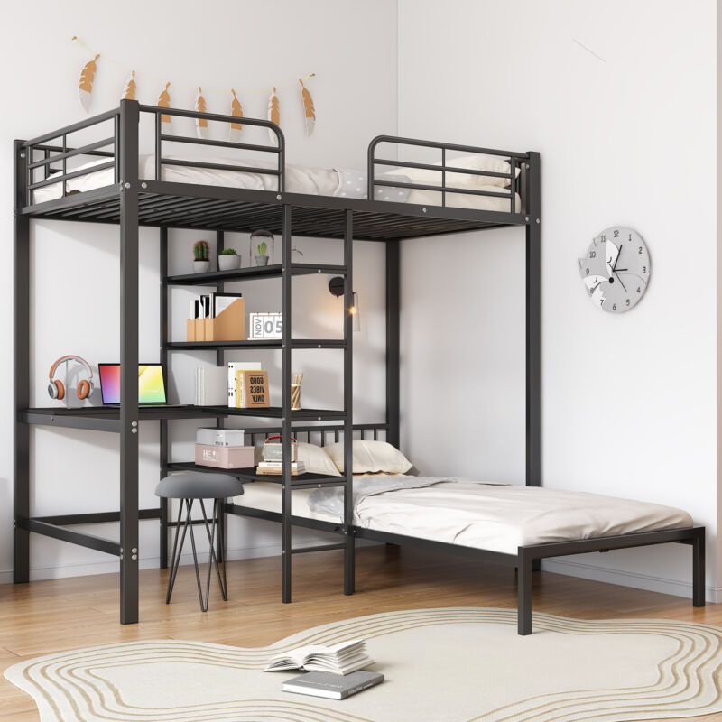 foto del prodotto letto con struttura in ferro, letto a castello con tavolo e ripiani, adatto a bambini e adolescenti, con scala a cinque gradini ad angolo retto,