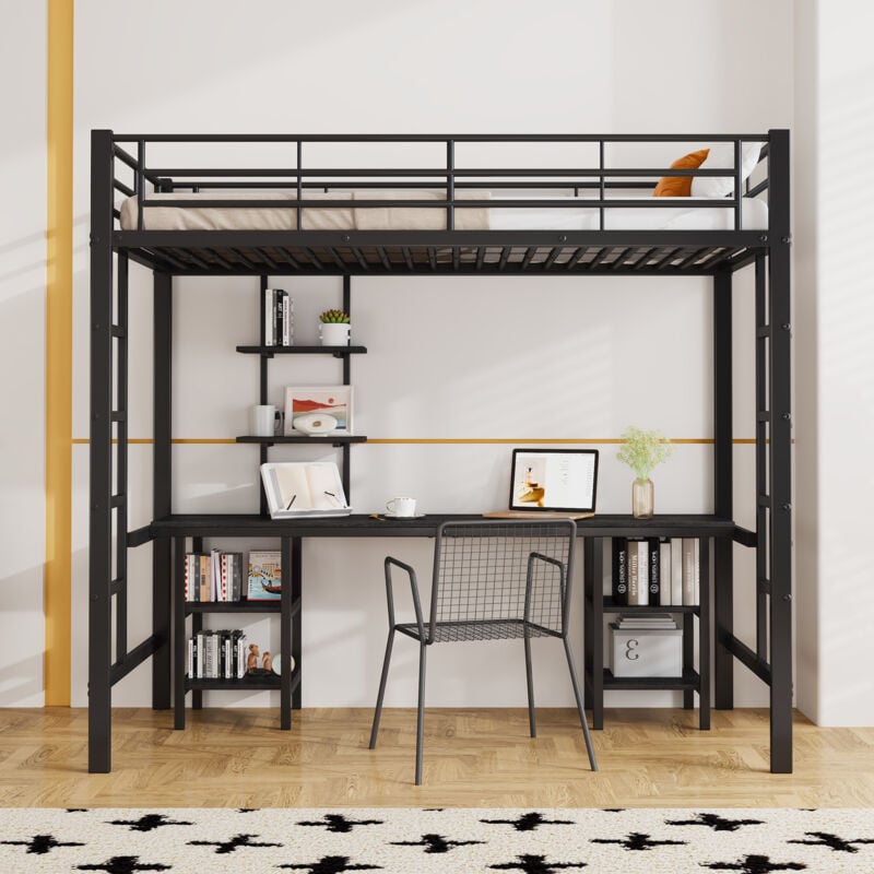 foto del prodotto letto con struttura in ferro, letto a castello con tavolo e ripiani, adatto a bambini e adolescenti, lettino per bambini con scaletta laterale, con