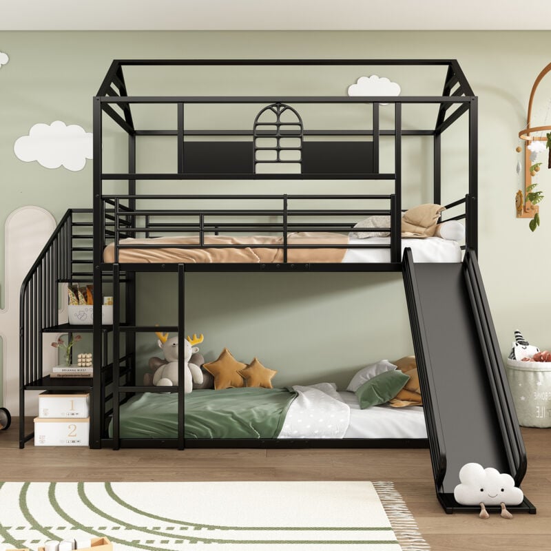immagine 0 del prodotto letto con struttura in ferro, letto a castello, lettino per bambini con tetto e finestra, con scivolo e scaletta laterale, adatto a bambini e