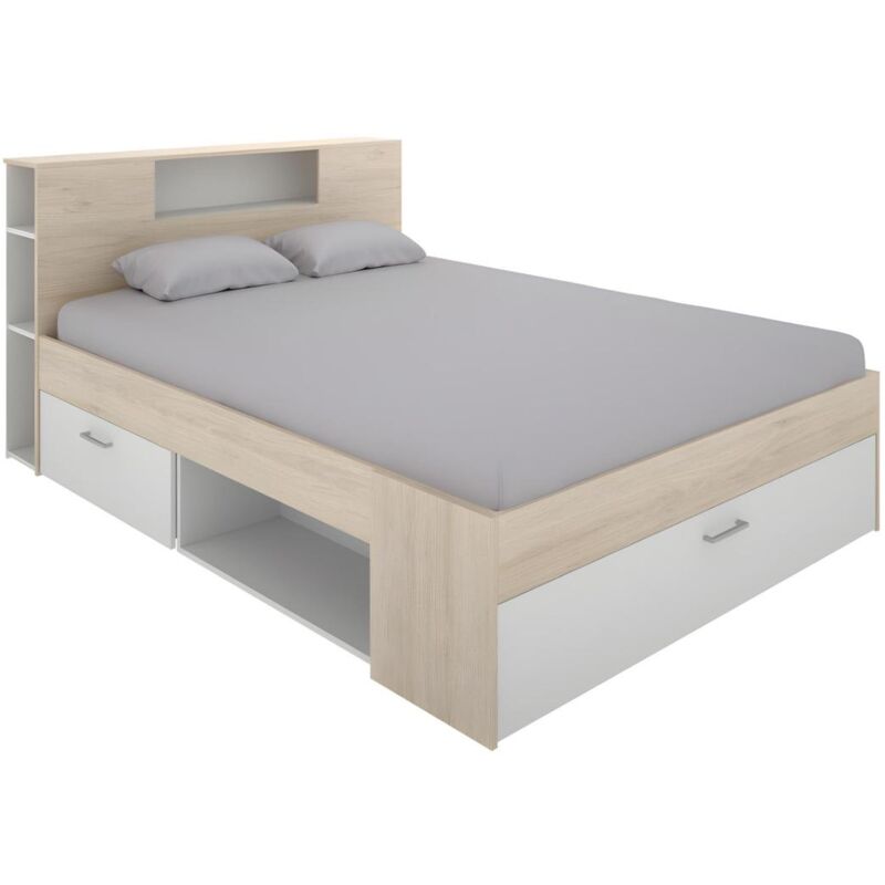 foto del prodotto letto con testata, vani portaoggetti e cassetti 140 x 190 cm bianco e naturale leandre