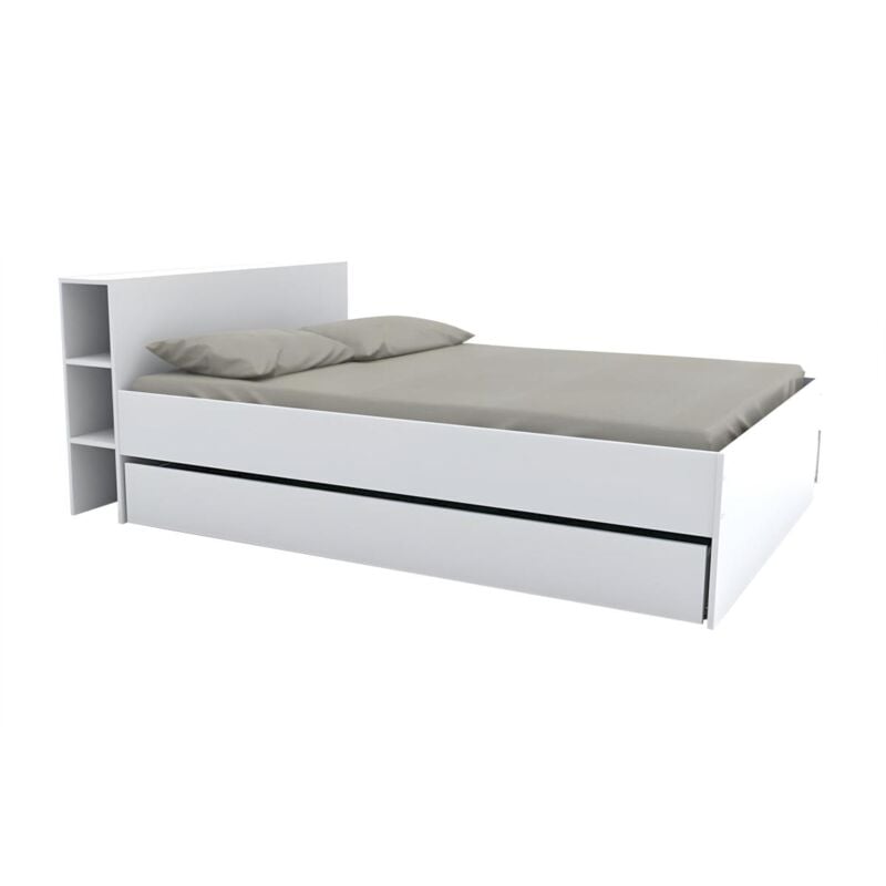 foto del prodotto letto con testata vani portaoggetti e cassetti 140 x 190 cm bianco eugene