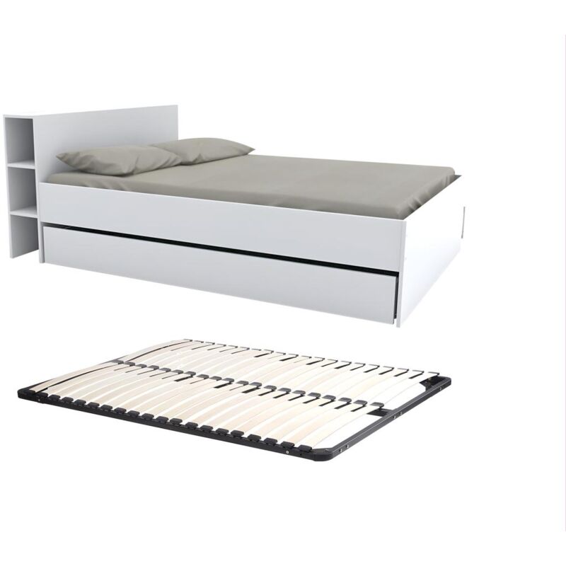 foto del prodotto letto con testata vani portaoggetti e cassetti 140 x 190 cm bianco rete eugene
