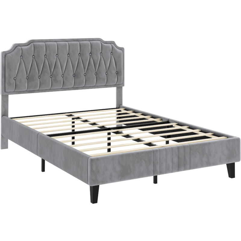foto del prodotto letto con testiera imbottita 31 cm altezza regolabile telaio con rete a doghe in legno e metallo chiaro grigio 140 x 200 cm yaheetech