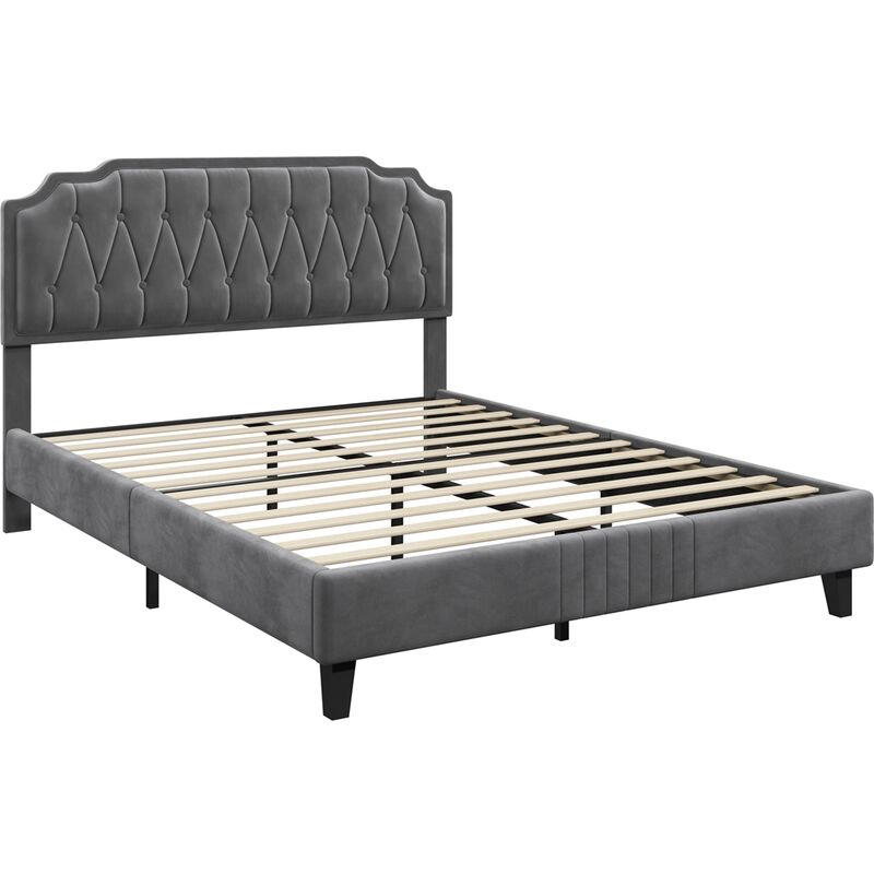 foto del prodotto letto con testiera imbottita 31 cm altezza regolabile telaio con rete a doghe in legno e metallo scuro grigio 140 x 200 cm yaheetech