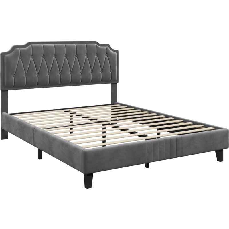 foto del prodotto letto con testiera imbottita 31 cm altezza regolabile telaio con rete a doghe in legno e metallo scuro grigio 160 x 200 cm yaheetech