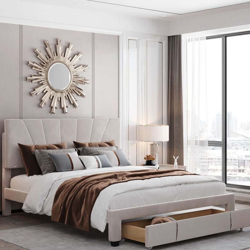 foto del prodotto letto con testiera imbottito 140 x 200 cm, rete a doghe e ampio cassetto, tessuto flanella delicato sulla pelle, beige