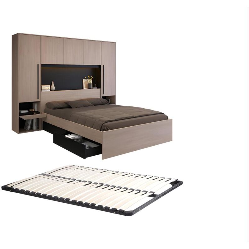 foto del prodotto letto con vani portaoggetti 160 x 200 cm con led naturale e nero rete velona